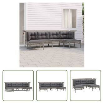 loungeset - poly rattan - grijs - 2x middenbank - 2x hoekbank - 2x voetenbank - 6x kussens