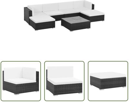 loungeset poly rattan zwart - 2 hoekbanken - 2 middenbanken - 1 salontafel - 2 hockers - 6 cm dik