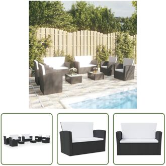 Loungeset Poly Rattan - Zwart - 2 tafels - 2 tweezitsbanken - 4 armstoelen - 6 zitkussens - 6