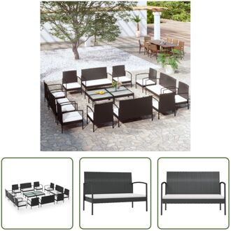 Loungeset Poly Rattan - Zwart - 2-zitsbank 106x59x73cm - Armstoel 58x59x74cm - Tafel 75x40x37cm