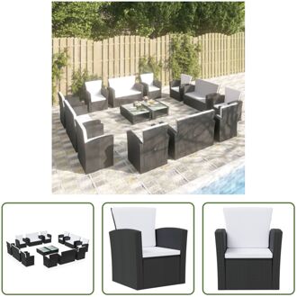 Loungeset poly rattan - zwart - 4 tafels - 4 tweezitsbanken - 8 armstoelen - 12 zitkussens - 12