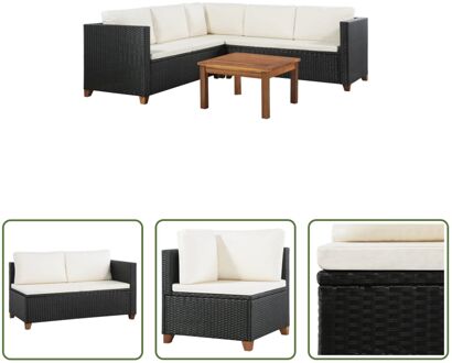 Loungeset Poly Rattan - Zwart/Crèmewit - PE Rattan - Gepoedercoat Staal - Acaciahout - 2-zitsbank