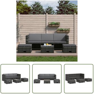 Loungeset Rattan - 190x75x65cm - Grijs en Donkergrijs - Incl - Tafel - Hockers en Kussens