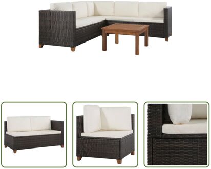 Loungeset Rattan - 2-zitsbanken - hoekbank - salontafel - kussens - PE Rattan - Bruin en Crèmewit