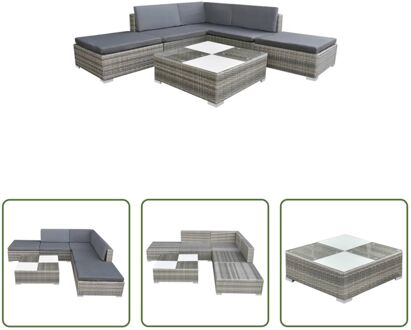 Loungeset Rattan - Grijs - 6 cm Kussens - Hoekbank - Middenbank - Hockers - Salontafel