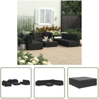 Loungeset Rattan - Hoekbank Middenbank - Zwart - Met Kussens - 2x Hoekbank 4x Middenbank - 1x Tafel