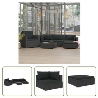 Loungeset - Rattan - Zwart - 2 hoekbanken - 1 middenbank - 1 stoel - 1 hocker - 1 salontafel