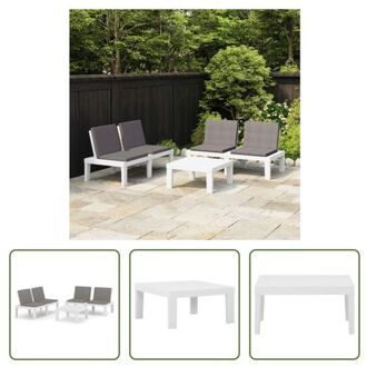 Loungeset Tuin - Kunststof - Wit - Tafel- 65x65x33cm - Bank- 130x65x70cm - Kussens - Montage vereist