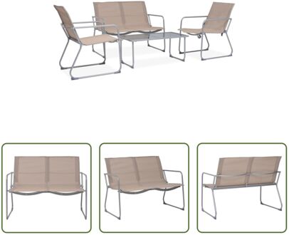 Loungeset Tuin - Staal - Textileen - Taupe - 1+2 Stoel - 90x45x38cm Tafel