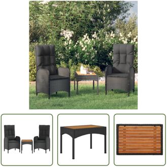 Loungeset Tuin - Zwart Poly rattan - Verstelbare Rugleuning - Inclusief kussens - Massief Acaciahouten