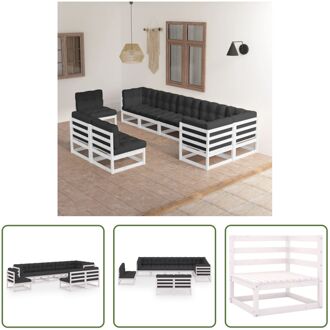 Loungeset - White Solid Pine Wood - Modular - 6 Middenbank + 3 Hoekbank + 9 Zitkussen + 12 Wit