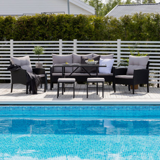 Loungeset 'Zeena' Met bank, tafel, 2 stoelen en krukjes, kleur Zwart/Grijs Zwart / Grijs