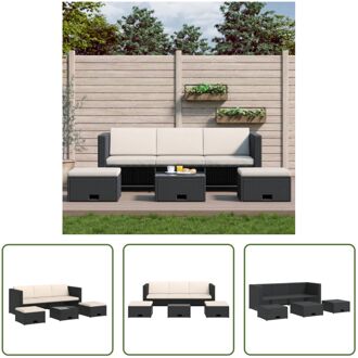 Loungeset Zwart PE Rattan - 190x75x65 cm - Inclusief Tafel en Hockers - 8 Kussens