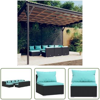 Loungeset Zwart - PE-rattan - Modulair design - Comfortabele kussens - 6x middenbank - 2x hoekbank