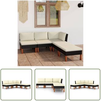 Loungeset - Zwart - PE-rattan/Staal/Eucalyptushout - 60.5x64.5x67 cm - Crèmewit kussen