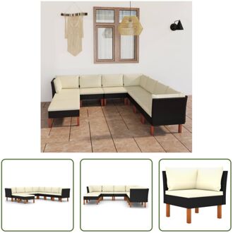 Loungeset - Zwarte PE-rattan - Stalen frame - Massief eucalyptushout - 60.5x64.5x67cm - Dik gevoerde