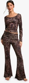 Loungewear Luipaardprint Broek Met Omslagband En Uitlopende Pijpen, Leopard - 36