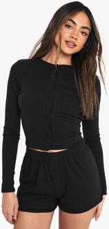 Loungewear Soft Rib Lange Mouwen Top Met Knoopdoorloop En Shorts Set, Black - 36