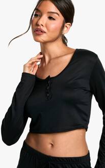 Loungewear Soft Touch Button Up Langemouw Crop Top, Black - 36