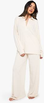 Loungewear Zachte Ribgebreide Top Met Kraag En Lange Mouwen & Broek Pajamaset, Cream - 36