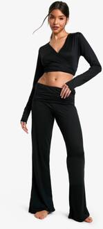 Loungewear Zachte Touch Omslag Wijde Pijp Broek, Black - 38