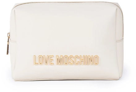 Love Moschino Beige Eco-Leren Necessaire met Gouden Metalen Logo Love Moschino , Beige , Dames - ONE Size