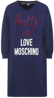 Love Moschino Blauwe Katoenen Jurk met Logo Print en Kralenapplicaties Love Moschino , Blue , Dames