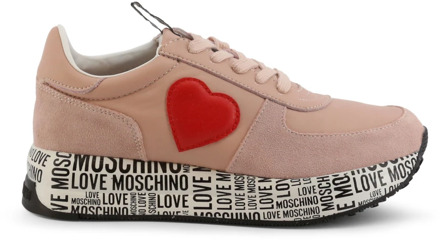 Love Moschino Dames leren sneakers met geborduurde details Love Moschino , Pink , Dames - 38 EU
