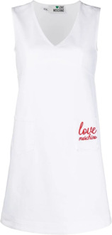Love Moschino Rode Logo Geborduurde A-Lijn Jurk Love Moschino , White , Dames - 2XS