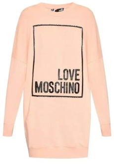 Love Moschino Roze Katoenen Jurk met Eco-Leren Logo Love Moschino , Pink , Dames - M,S,Xs