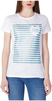 Love Moschino Wit Print T-Shirt Korte Mouwen Ronde Hals Love Moschino , White , Dames - 2XS