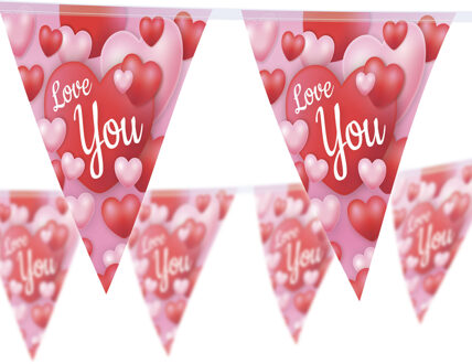 Love You/Liefde/Valentijn/Bruiloft thema feestslinger vlaggenlijn - hartjes print - 500 cm - plastic - Vla Rood