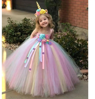 Lovely girl long dress Unicorn hair band flower dress princess, birthday party dress, evening dress