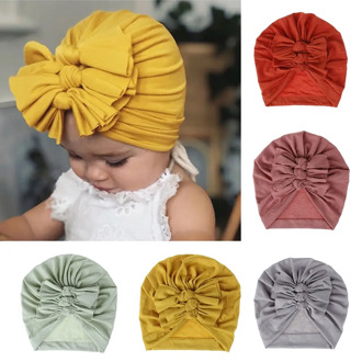 Lovely Winter Solid Color Thick Newborn Hat Boys Girl Cotton Soft Big Bow Turban Bonnet Caps Solids Baby Shower Props