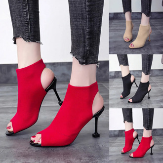 Lovers Home Slippers Indoor Women's Fish Mouth Open Toe Stiletto Shoes Stretch Knit High Heels Roman Shoes tenis masculino#11635