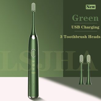 Lsjha Elektrische Sonische Tandenborstel Usb Oplaadbare Volwassen Waterdichte Whitening Tanden Schoonmaken 3 Vervanging Hoofd AE-86 groen