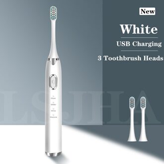 Lsjha Elektrische Sonische Tandenborstel Usb Oplaadbare Volwassen Waterdichte Whitening Tanden Schoonmaken 3 Vervanging Hoofd AE-86 wit