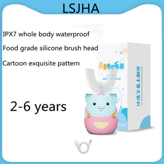 Lsjha Kinderen U-Vormige Elektrische Tandenborstel Cartoon Patroon Oral Care Preventie Tandbederf Vervangbare Opzetborstel blauw