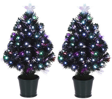 Luca lighting 2x Fiber optic kerstboom/kunst kerstboom met knipperende verlichting en piek ster 60 cm - Kunstkerstboom Multikleur