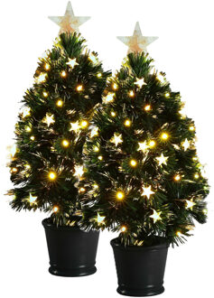 Luca lighting Fiber Optic kunstboom - 2x - H60 cm - met verlichting - led sterren - 60 cm - kunst kerstboom