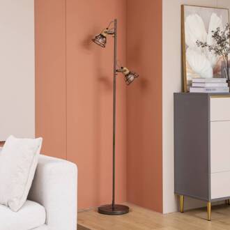 Lucande Arinthea vloerlamp, 2-lamps, zwart, staal, E14 zwart, licht hout