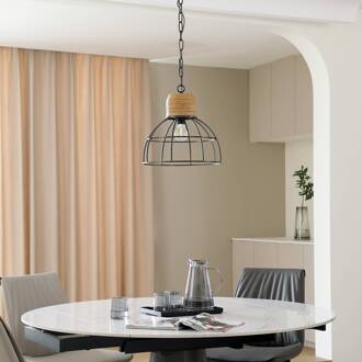 Lucande hanglamp Arinthea, E27, zwart, staal, kooi zwart, licht hout