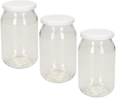 Luchtdichte weckpot transparant glas - 3x stuks - 900 ml - wit - Weckpotten