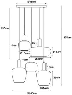 Lucide Hanglamp Ilona, glas, meerkleurig, Ø 45 cm, 5-lamps zwart, amber, lichtgroen, amber
