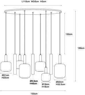 Lucide hanglamp Joanet, lengte 130 cm, rook/messing, glas, 9-lamps. rookgrijs, messing