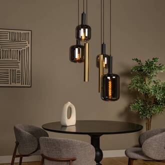 Lucide Hanglamp Joanet, Ø 65 cm, rook/messing glas/metaal 6-lamps. rookgrijs, messing