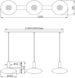 Lucide Singala hanglamp, Ø 30 cm, 110 cm, opaal, 3-lamps zwart, goud