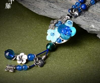 Luckilyluke 0051 Vintage Hanger Kettingen Vrouwen Etnische Shell Bloem Schorsing Ketting Blauw Steen Trui Ketting