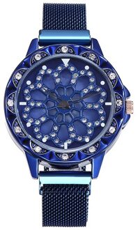 Lucky Vrouwen Horloges Rose Goud Roterende Bloem Horloges Relogio Feminino Diamond Magnetische Quartz Klok Blauw