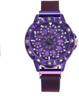Lucky Vrouwen Horloges Rose Goud Roterende Bloem Horloges Relogio Feminino Diamond Magnetische Quartz Klok Paars
